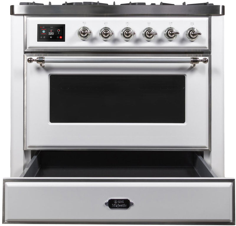 ILVE 36" Majestic II Dual Fuel Range with 6 Burners and Griddle - 3.5 cu. ft. Oven - Chrome Trim in White (UM09FDNS3WHC) Ranges ILVE 