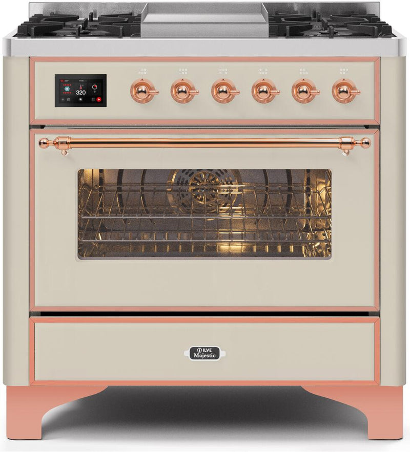 ILVE 36" Majestic II Dual Fuel Range with 6 Burners and Griddle - 3.5 cu. ft. Oven - Copper Trim in Antique White (UM09FDNS3AWP) Ranges ILVE 