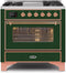 ILVE 36-Inch Majestic II Dual Fuel Range with 6 Burners and Griddle - 3.5 cu. ft. Oven - Copper Trim in Emerald Green (UM09FDNS3EGP)