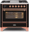 ILVE 36-Inch Majestic II Dual Fuel Range with 6 Burners and Griddle - 3.5 cu. ft. Oven - Copper Trim in Glossy Black (UM09FDNS3BKP)
