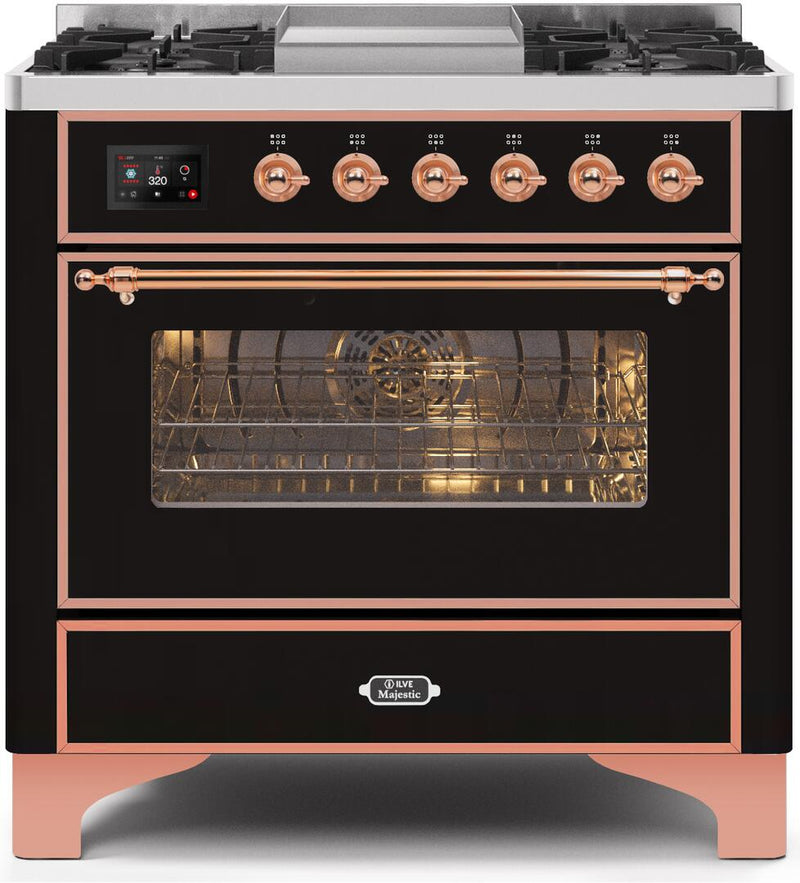 ILVE 36" Majestic II Dual Fuel Range with 6 Burners and Griddle - 3.5 cu. ft. Oven - Copper Trim in Glossy Black (UM09FDNS3BKP) Ranges ILVE 