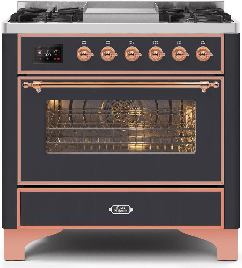 ILVE 36" Majestic II Dual Fuel Range with 6 Burners and Griddle - 3.5 cu. ft. Oven - Copper Trim in Matte Graphite (UM09FDNS3MGP) Ranges ILVE 