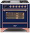 ILVE 36-Inch Majestic II Dual Fuel Range with 6 Burners and Griddle - 3.5 cu. ft. Oven - Copper Trim in Midnight Blue (UM09FDNS3MBP)