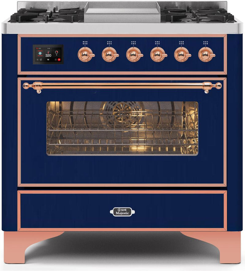 ILVE 36" Majestic II Dual Fuel Range with 6 Burners and Griddle - 3.5 cu. ft. Oven - Copper Trim in Midnight Blue (UM09FDNS3MBP) Ranges ILVE 