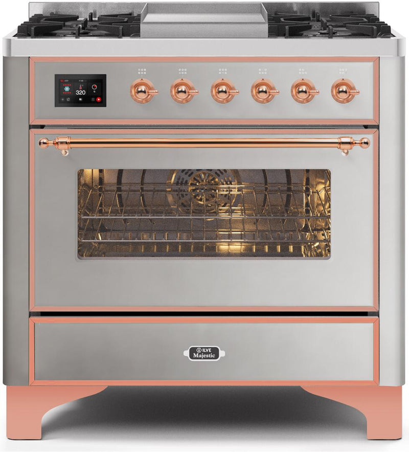 ILVE 36" Majestic II Dual Fuel Range with 6 Burners and Griddle - 3.5 cu. ft. Oven - Copper Trim in Stainless Steel (UM09FDNS3SSP) Ranges ILVE 