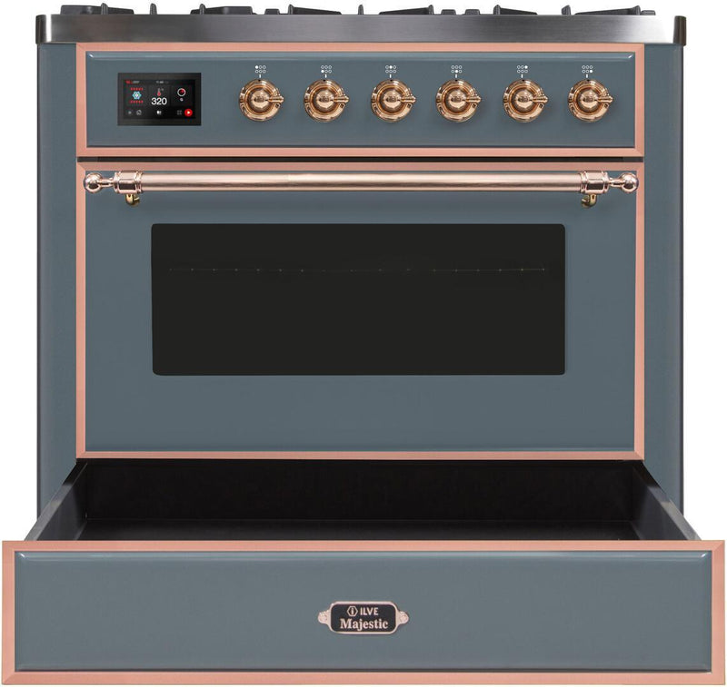 ILVE 36" Majestic II Dual Fuel Range with 6 Burners and Griddle - 3.5 cu. ft. Oven - TFT Oven Control Display - in Blue Grey with Copper Trim (UM09FDNS3BGP) Ranges ILVE 