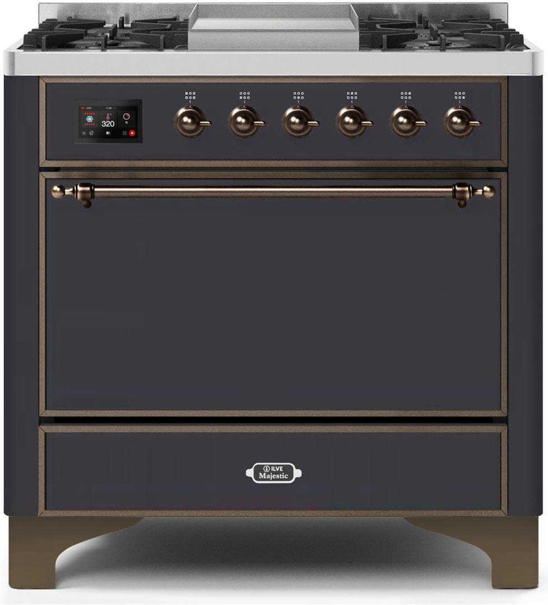 ILVE 36" Majestic II Dual Fuel Range with 6 Burners and Griddle - 4.1 cu. ft. Oven - Bronze (UM09FDQNS3MGB) Ranges ILVE 