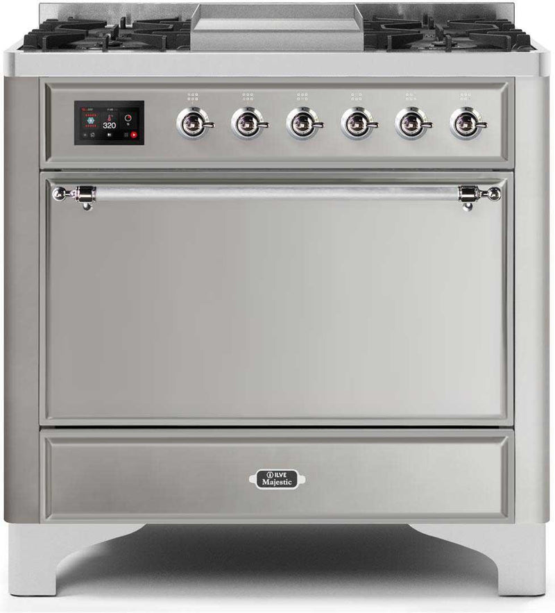 ILVE 36" Majestic II Dual Fuel Range with 6 Burners and Griddle - 4.1 cu. ft. Oven - Chrome (UM09FDQNS3SSC) Ranges ILVE 