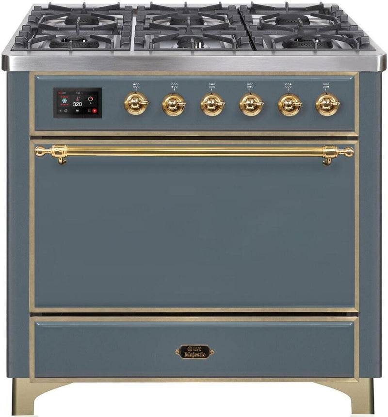 ILVE 36" Majestic II Dual Fuel Range with 6 Burners and Griddle in Blue Grey with Brass Trim (UM09FDQNS3BGG) Ranges ILVE 