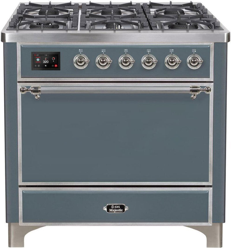 ILVE 36" Majestic II Dual Fuel Range with 6 Burners and Griddle in Blue Grey with Chrome Trim (UM09FDQNS3BGC) Ranges ILVE 