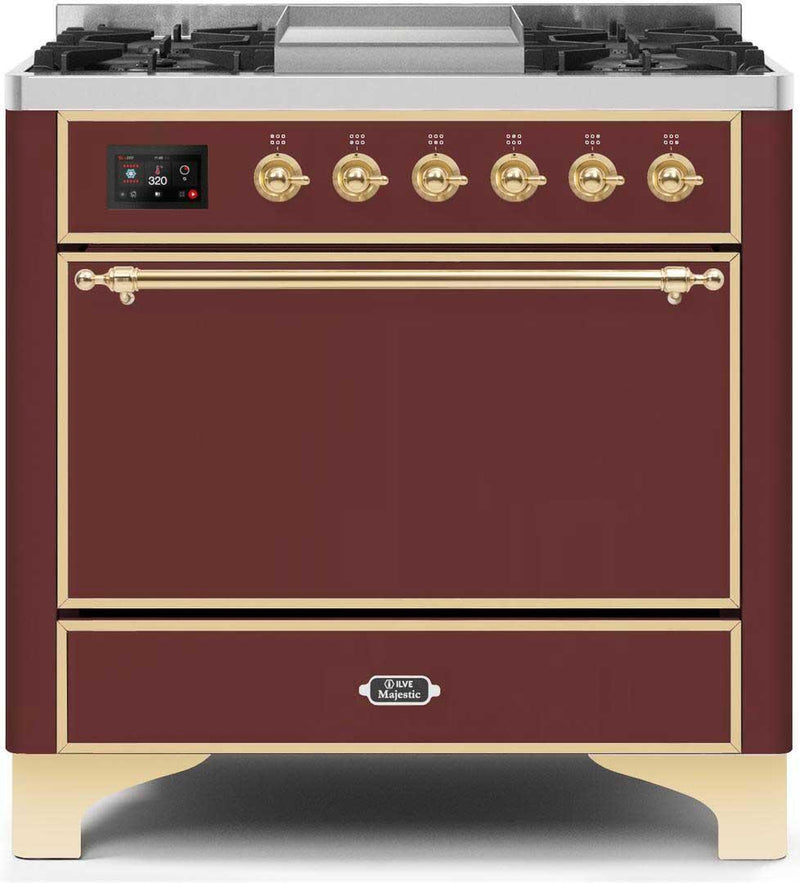 ILVE 36" Majestic II Dual Fuel Range with 6 Burners and Griddle in Burgundy Red with Brass Trim (UM09FDQNS3BUG) Ranges ILVE 
