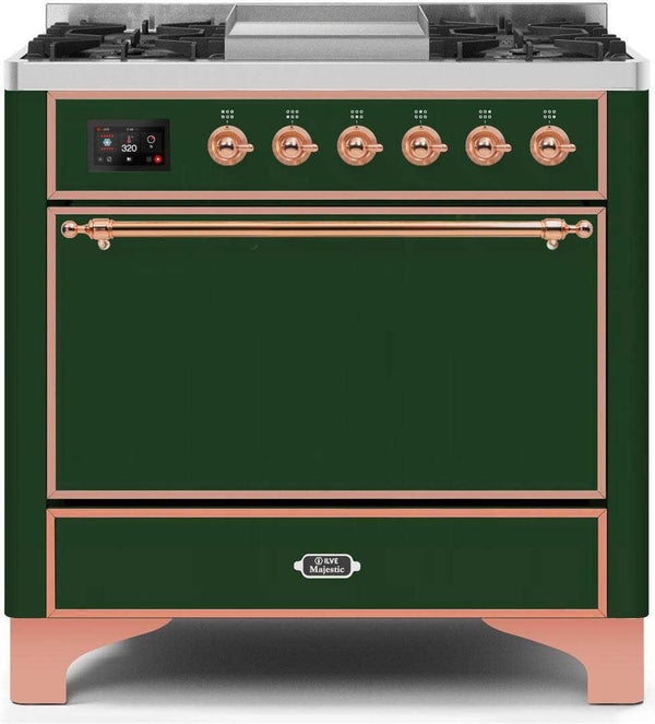 ILVE 36" Majestic II Dual Fuel Range with 6 Burners and Griddle in Emerald Green with Copper Trim (UM09FDQNS3EGP) Ranges ILVE 
