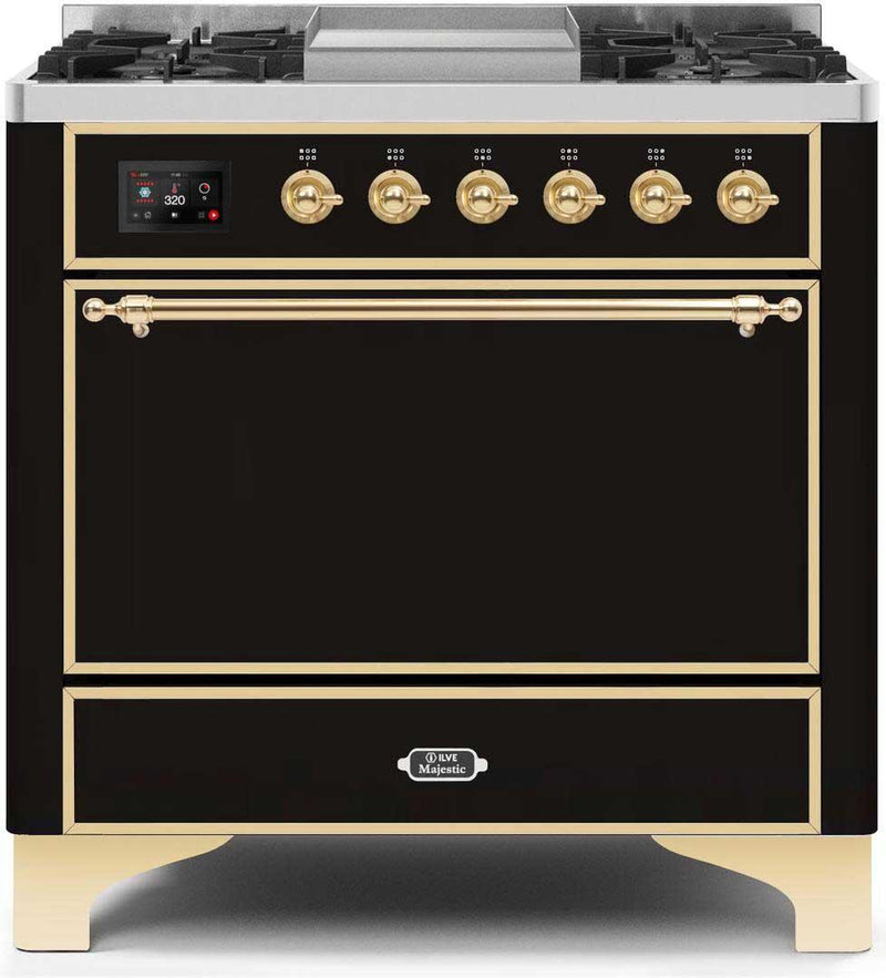 ILVE 36" Majestic II Dual Fuel Range with 6 Burners and Griddle in Glossy Black with Brass Trim (UM09FDQNS3MGG) Ranges ILVE 