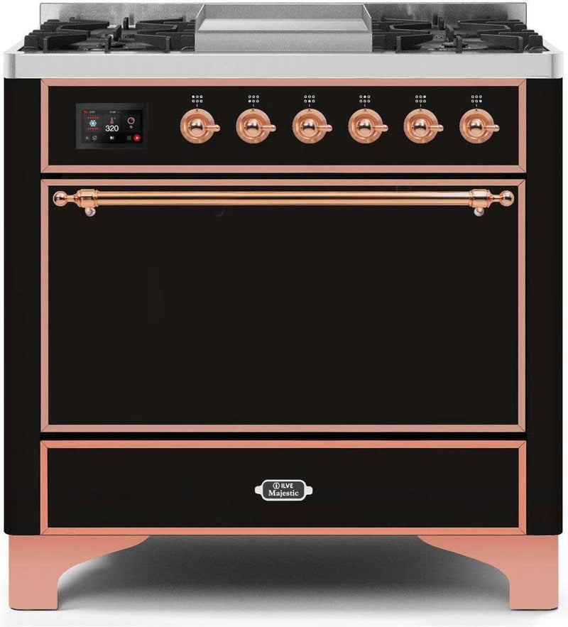 ILVE 36" Majestic II Dual Fuel Range with 6 Burners and Griddle in Glossy Black with Copper Trim (UM09FDQNS3BKP) Ranges ILVE 