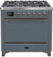 ILVE 36-Inch Majestic II Dual Fuel Range with 6 Burners and Griddle in in Blue Grey with Bronze Trim (UM09FDQNS3BGB)
