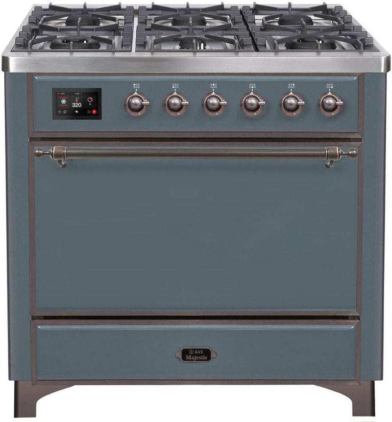 ILVE 36" Majestic II Dual Fuel Range with 6 Burners and Griddle in in Blue Grey with Bronze Trim (UM09FDQNS3BGB) Ranges ILVE 