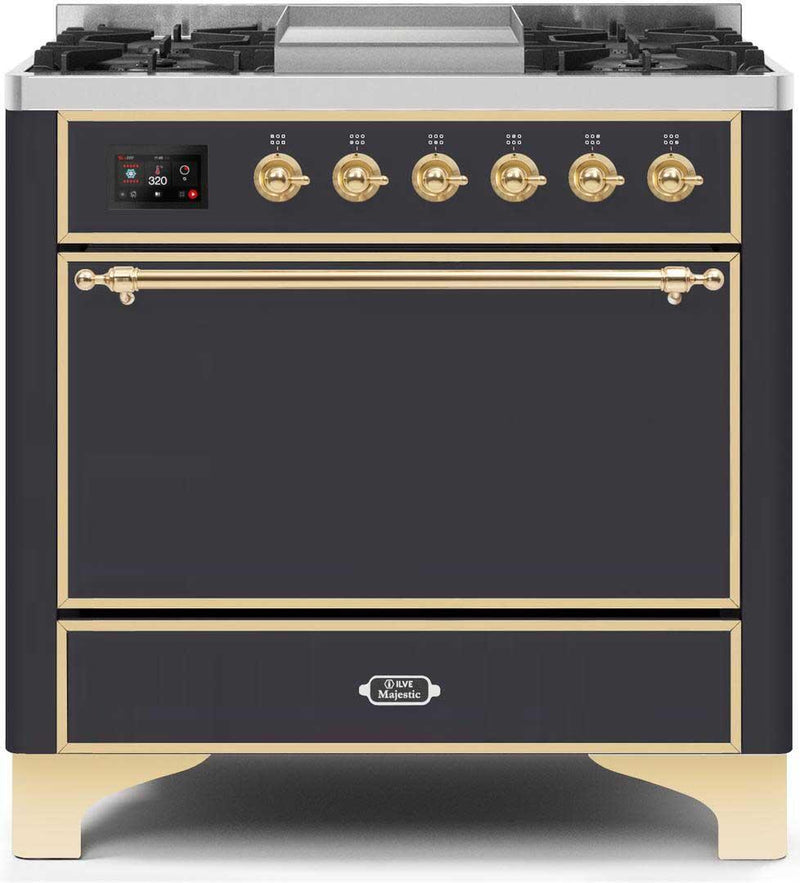 ILVE 36" Majestic II Dual Fuel Range with 6 Burners and Griddle in Matte Graphite with Brass Trim (UM09FDQNS3MGG) Ranges ILVE 
