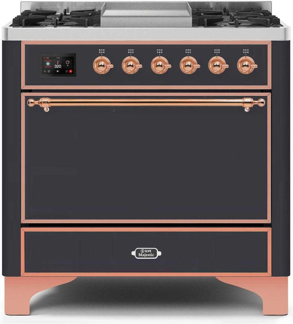 ILVE 36" Majestic II Dual Fuel Range with 6 Burners and Griddle in Matte Graphite with Copper Trim (UM09FDQNS3MGP) Ranges ILVE 