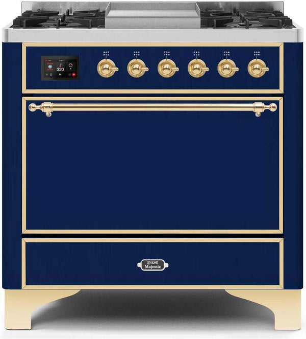 ILVE 36" Majestic II Dual Fuel Range with 6 Burners and Griddle in Midnight Blue with Brass Trim (UM09FDQNS3MBG) Ranges ILVE 