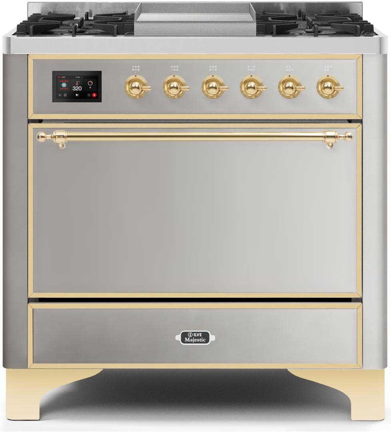 ILVE 36" Majestic II Dual Fuel Range with 6 Burners and Griddle in Stainless Steel with Brass Trim (UM09FDQNS3SSG) Ranges ILVE 