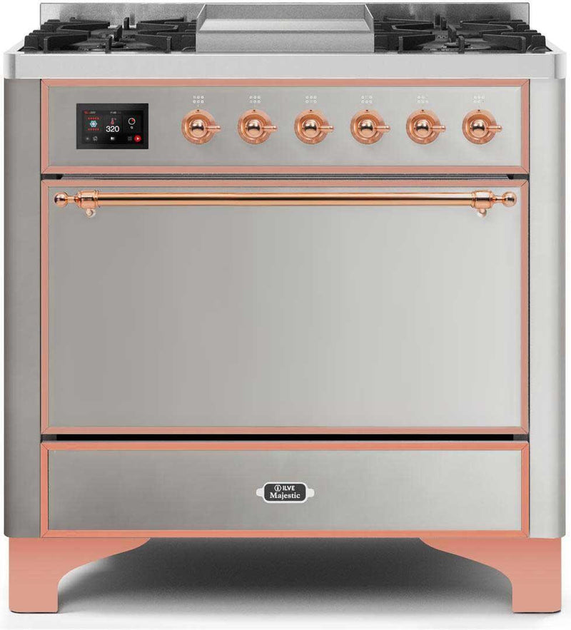 ILVE 36" Majestic II Dual Fuel Range with 6 Burners and Griddle in Stainless Steel with Copper Trim (UM09FDQNS3SSP) Ranges ILVE 