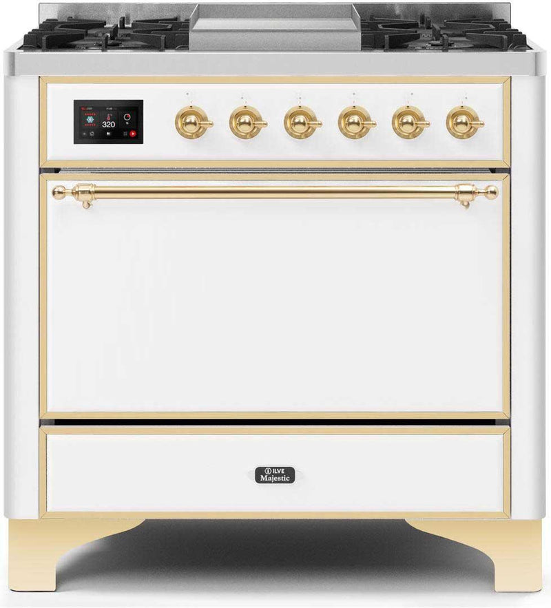ILVE 36" Majestic II Dual Fuel Range with 6 Burners and Griddle in White with Brass Trim (UM09FDQNS3WHG) Ranges ILVE 
