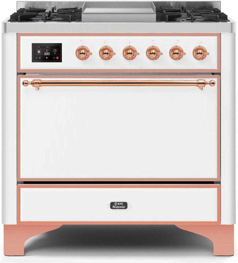ILVE 36" Majestic II Dual Fuel Range with 6 Burners and Griddle in White with Copper Trim (UM09FDQNS3WHP) Ranges ILVE 