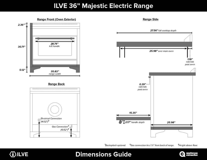 ILVE 36" Majestic II induction Range with 5 Elements - 3.5 cu. ft. Oven - Brass Trim in Stainless Steel (UMI09NS3SSG) Ranges ILVE 