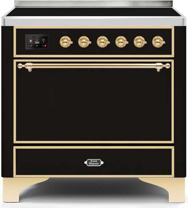 ILVE 36" Majestic II induction Range with 5 Elements - 3.5 cu. ft. Oven - Solid Door - Glossy Black with Brass Trim (UMI09QNS3BKG) Ranges ILVE 