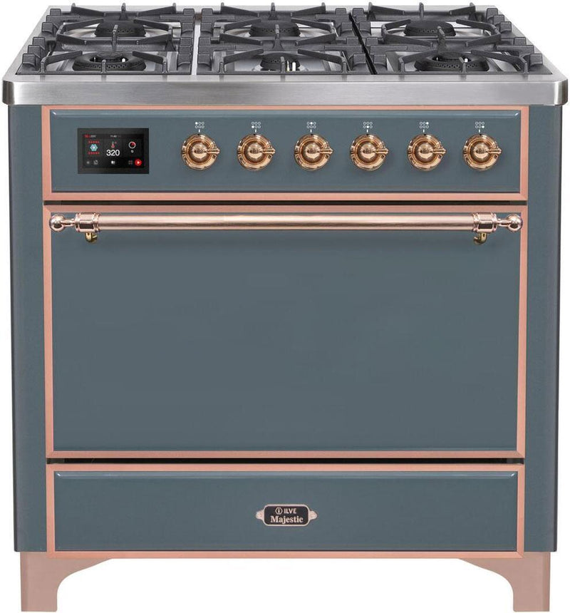 ILVE 36" Majestic II Series Freestanding Dual Fuel Single Oven Range with 6 Sealed Burners in Blue Grey with Copper Trim (UM096DQNS3BGP) Ranges ILVE 