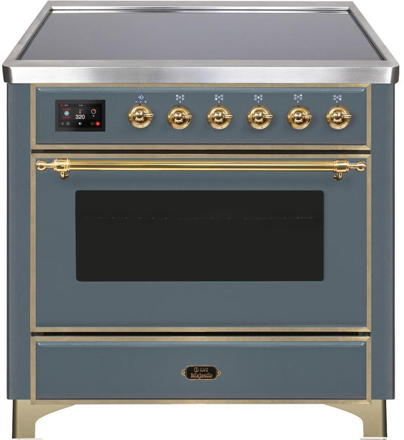 ILVE 36" Majestic II Series Freestanding Electric Single Windowed Oven Range with 5 Elements in Blue Grey with Brass Trim (UMI09NS3BGG) Ranges ILVE 