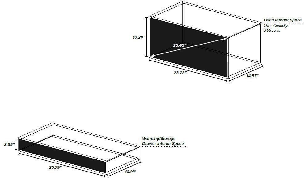 Dual fuel range oven interior and storage drawer space size diagram