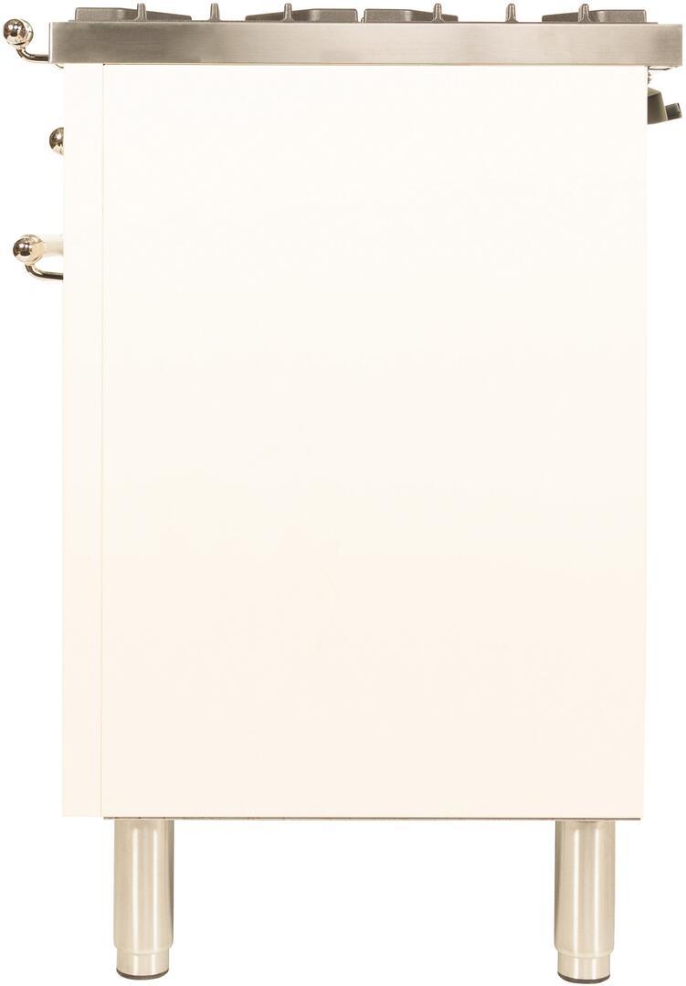 Antique white dual fuel range door with brass handle and control knobs
