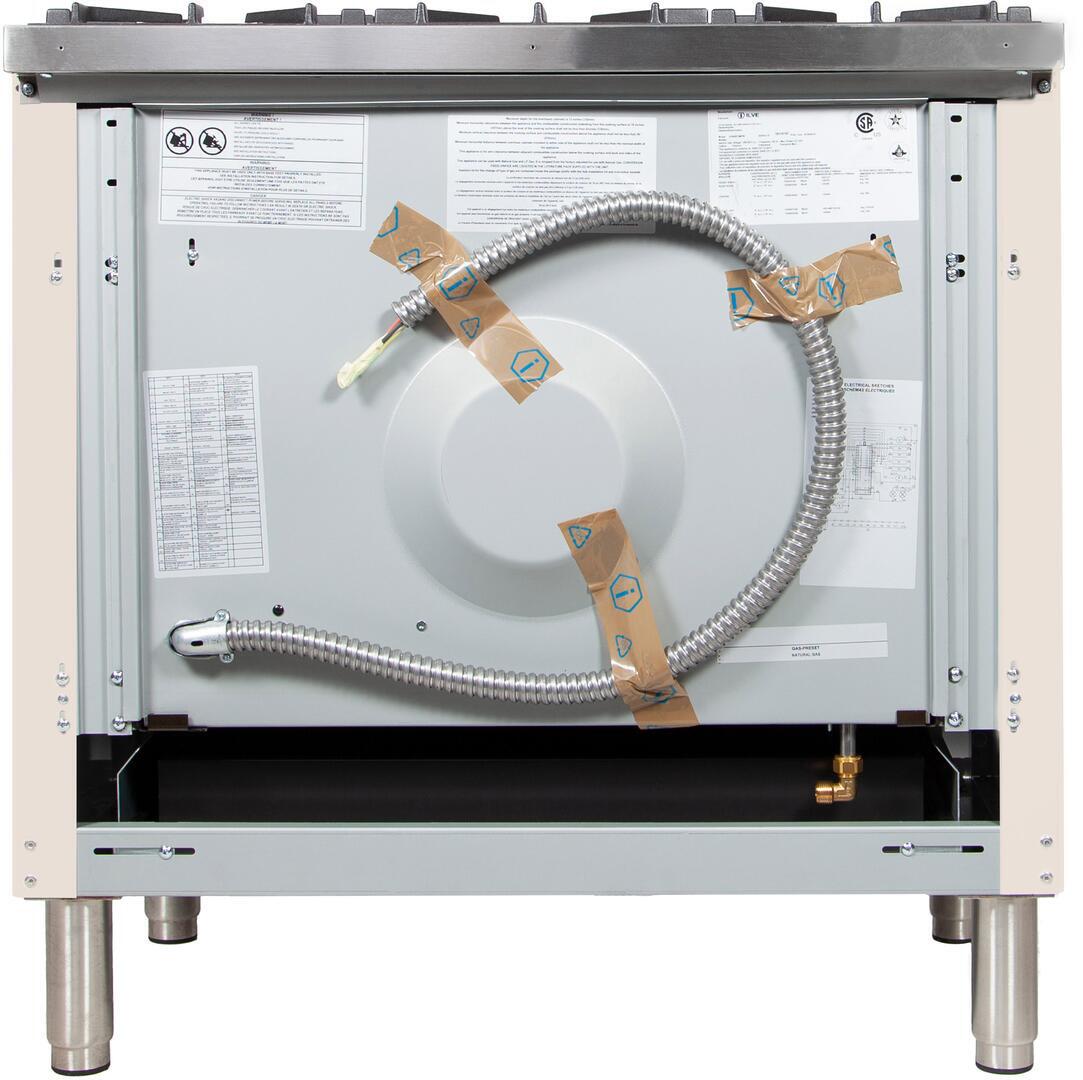 Range with oven back panel exposed, showing wiring and protective insulation