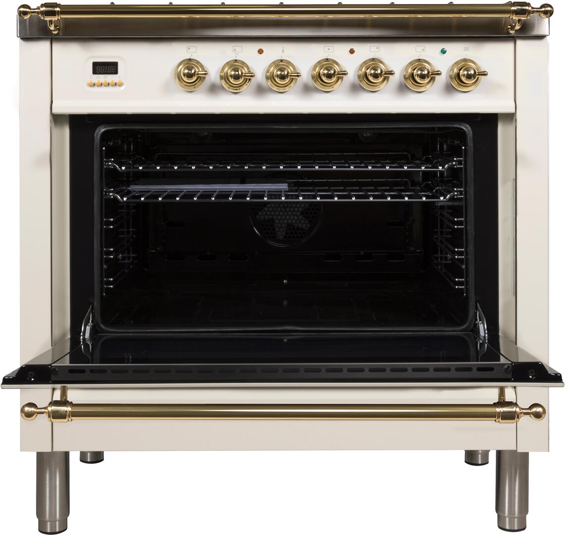 Nostalgie oven door open with black window and antique white frame