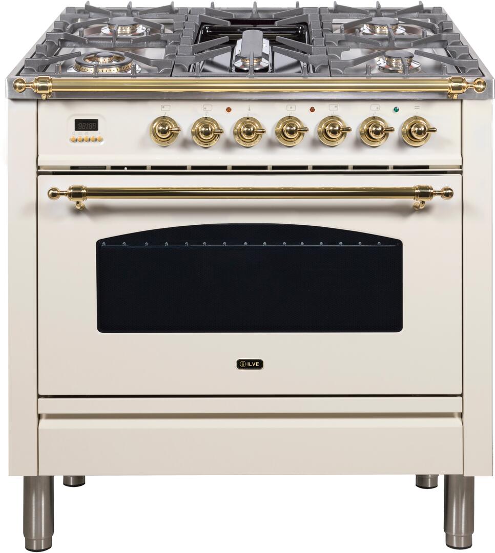 Dual fuel range front with multiple burners on cooktop and brass trim details