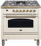 ILVE 36-Inch Nostalgie - Dual Fuel Range with 5 Sealed Brass Burners - 3 cu. ft. Oven - Brass Trim in Antique White (UPN90FDMPA)