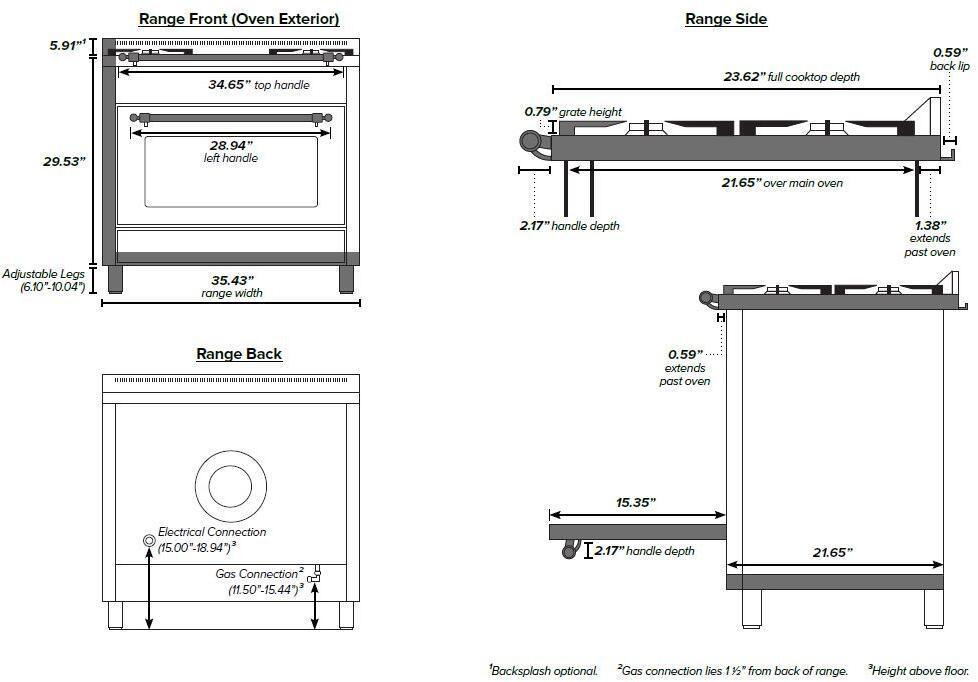 Dual fuel range exterior dimensions diagram with front and side measurements