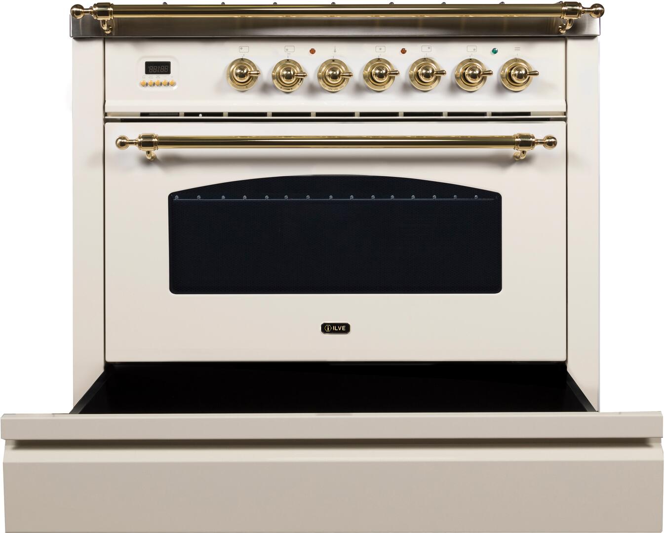 Antique white range front with brass side rails, knobs, and oven door window