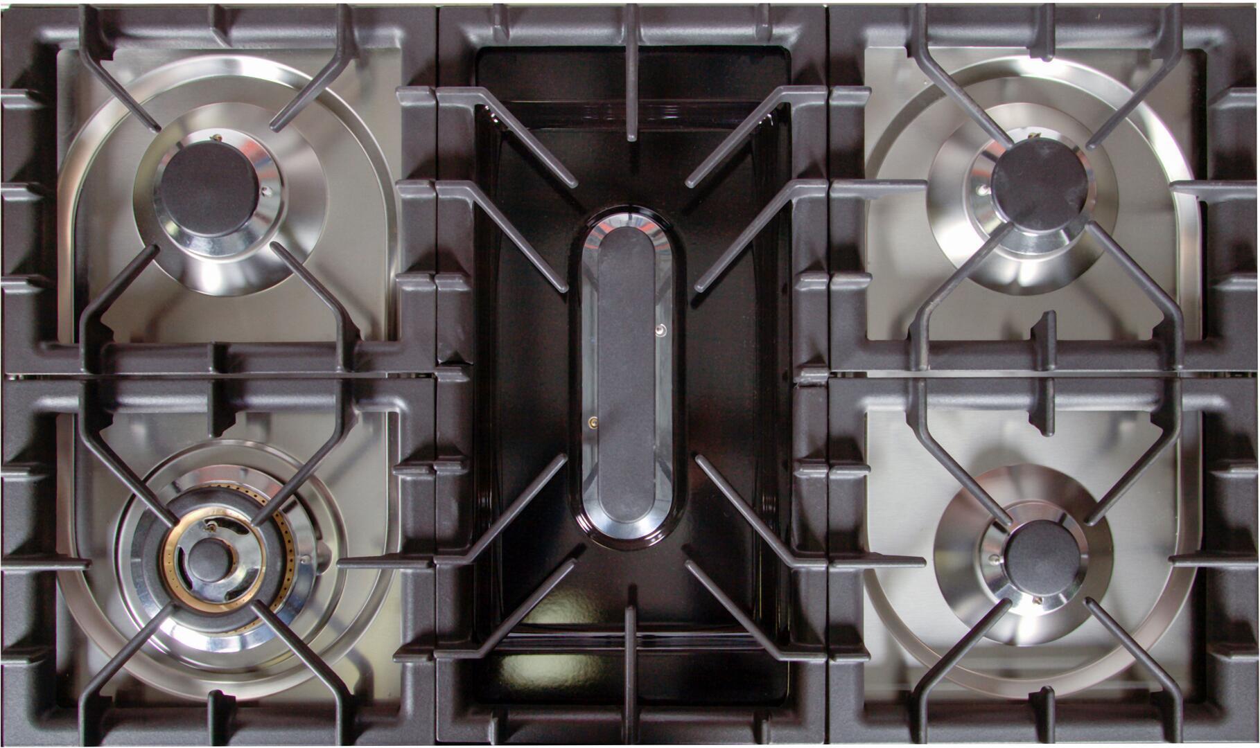 Four-burner cooktop with black grates and silver burner caps on dual fuel range
