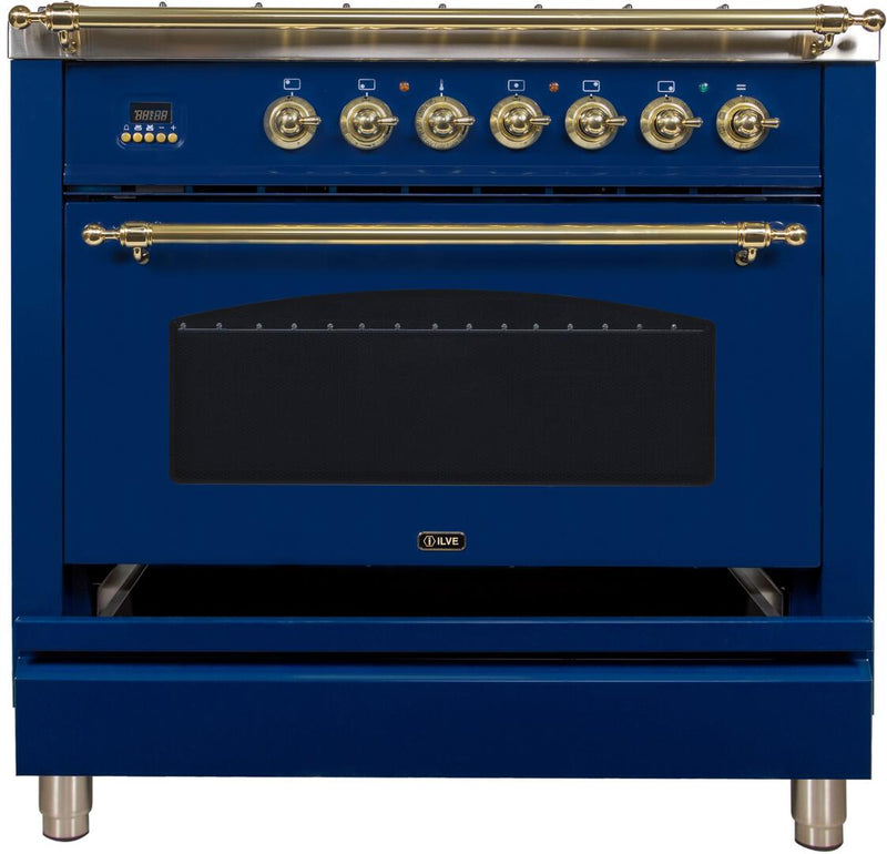 ILVE 36" Nostalgie - Dual Fuel Range with 5 Sealed Brass Burners - 3 cu. ft. Oven - Brass Trim in Blue (UPN90FDMPBL) Ranges ILVE 
