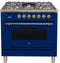 ILVE 36-Inch Nostalgie - Dual Fuel Range with 5 Sealed Brass Burners - 3 cu. ft. Oven - Brass Trim in Blue (UPN90FDMPBL)