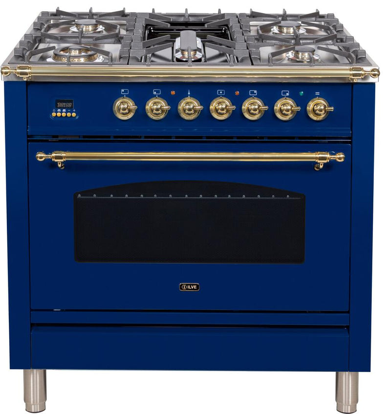 ILVE 36" Nostalgie - Dual Fuel Range with 5 Sealed Brass Burners - 3 cu. ft. Oven - Brass Trim in Blue (UPN90FDMPBL) Ranges ILVE 