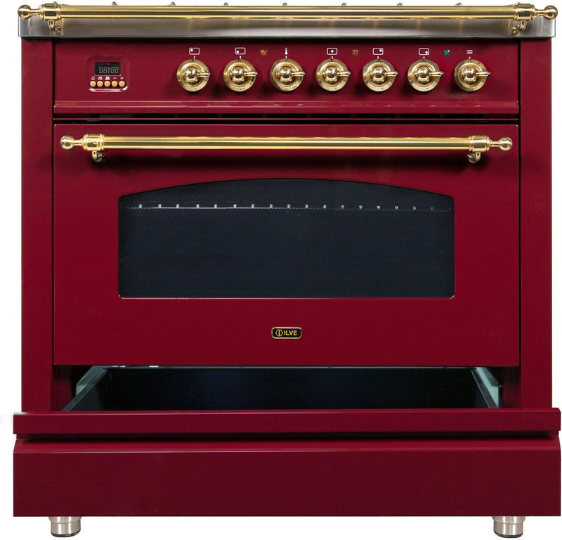 ILVE 36" Nostalgie - Dual Fuel Range with 5 Sealed Brass Burners - 3 cu. ft. Oven - Brass Trim in Burgundy (UPN90FDMPRB) Ranges ILVE 