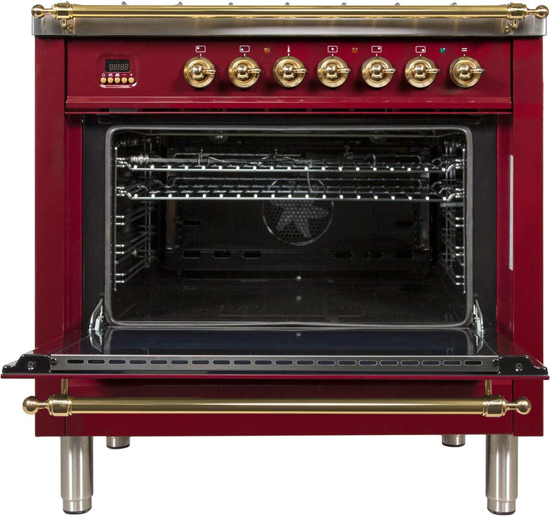 ILVE 36" Nostalgie - Dual Fuel Range with 5 Sealed Brass Burners - 3 cu. ft. Oven - Brass Trim in Burgundy (UPN90FDMPRB) Ranges ILVE 