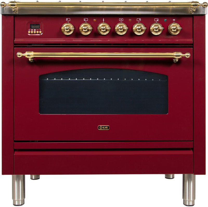 ILVE 36" Nostalgie - Dual Fuel Range with 5 Sealed Brass Burners - 3 cu. ft. Oven - Brass Trim in Burgundy (UPN90FDMPRB) Ranges ILVE 