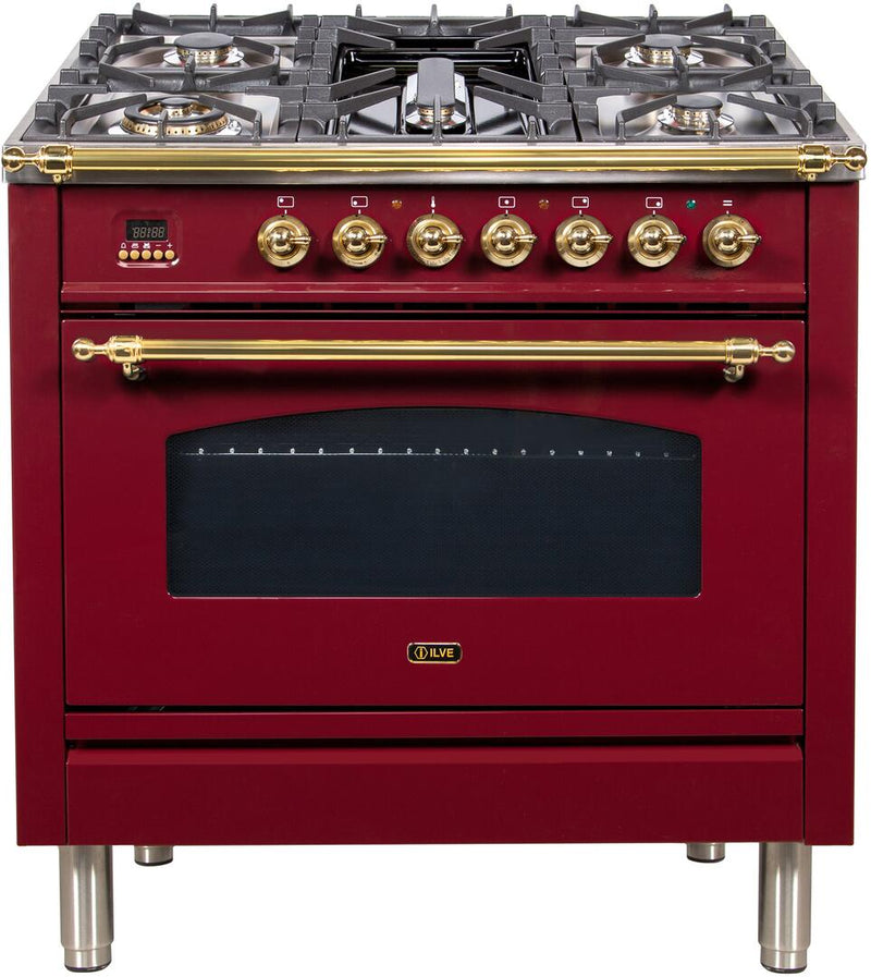 ILVE 36" Nostalgie - Dual Fuel Range with 5 Sealed Brass Burners - 3 cu. ft. Oven - Brass Trim in Burgundy (UPN90FDMPRB) Ranges ILVE 