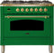 ILVE 36-Inch Nostalgie - Dual Fuel Range with 5 Sealed Brass Burners - 3 cu. ft. Oven - Brass Trim in Emerald Green (UPN90FDMPVS)
