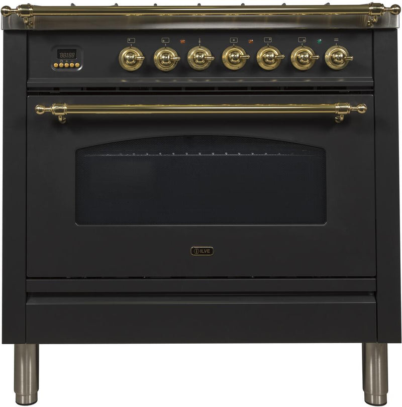 ILVE 36" Nostalgie - Dual Fuel Range with 5 Sealed Brass Burners - 3 cu. ft. Oven - Brass Trim in Glossy Black (UPN90FDMPN) Ranges ILVE 