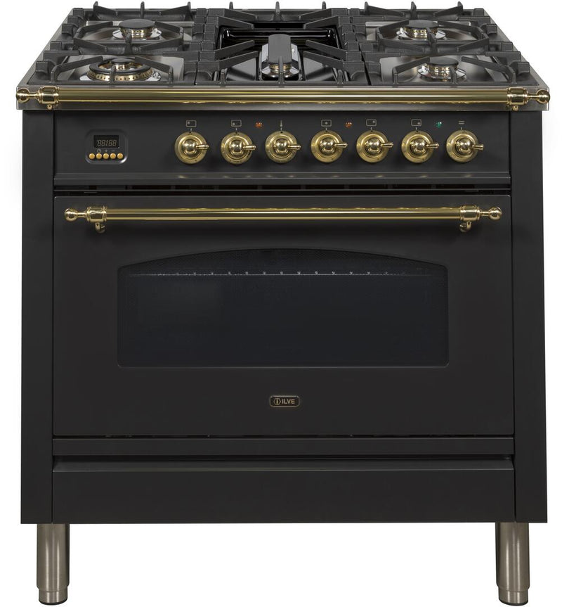 ILVE 36" Nostalgie - Dual Fuel Range with 5 Sealed Brass Burners - 3 cu. ft. Oven - Brass Trim in Glossy Black (UPN90FDMPN) Ranges ILVE 